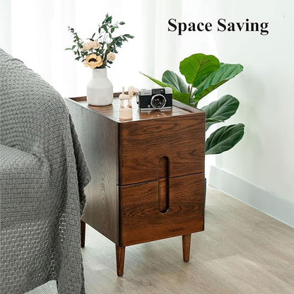 Cttasty Narrow Nightstand, Mid Century Modern Nightstand, Solid Wood Bedside Table, Side Table witn Drawers (Walnut, 11.81inches)