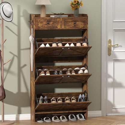 Shoe Cabinet with 3 Flip Drawers & 2 Storage Drawers, Rustic Farmhouse Narrow Shoe Organizer Cabinet, Slim Shoe Rack Cabinet, Shoe Storage Cabinet for Entryway, Hallway, Front Door