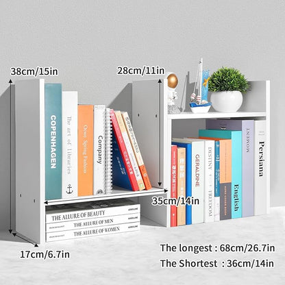 Desktop Shelf Organizer - Adjustable Wood Desktop Bookshelf, Table Top Shelves, Desk Book Organizer for Office Supplies and Home Décor (White)