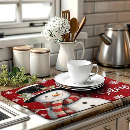 Wnoesat Snowman Christmas Dish Drying Mat Winter Drying Mats for Kitchen Counter Xmas Holiday Red Dish Draining Mat Microfiber Absorbent Reusable Dish Rack Pad 18x24 Inch