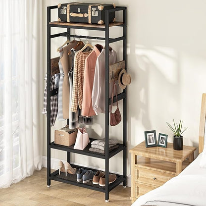 Tribesigns 69-inch Tall Clothes Garment Rack, Small Heavy Duty Clothes Hanging Rack, Freestanding Closet Organizer with Open Storage Shelves and Hooks for Bedroom, Brown & Black