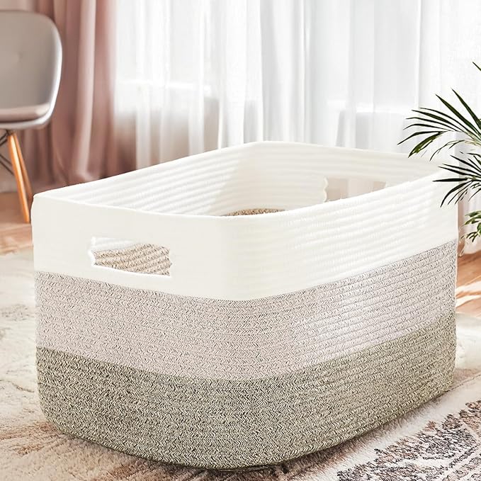 Cotton Rope Basket,Large Blanket Basket for Living Room,Woven cotton rope laundry baskets，For Bathroom Dirty Clothes ，Nursery Toys，pillow storage organization, 72L，Brown and white.
