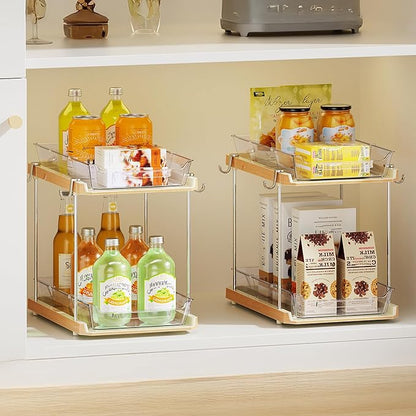 Delamu 2 Tier Bathroom Under Sink Organizers and Storage with Hook, Multi-Purpose Cabinet Drawers with Movable Dividers, Pull Out Organization for Countertop, Kitchen and Pantry(Wood Grain, 2 Pack)