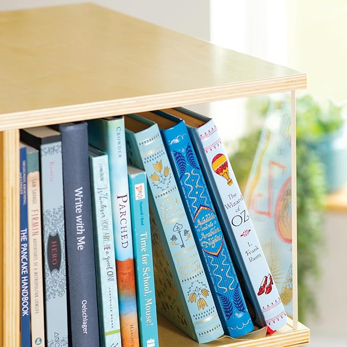 EdQ Rotating Big Book Display – Natural: 3-Tier Wooden Bookshelf for Kids' Room with Acrylic Sides | 360° Spinning Bookcase with Multi-Size Shelves for Home and Classroom Storage & Organization