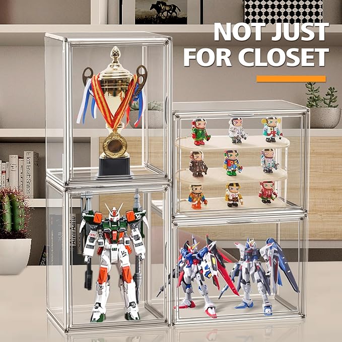 EDS FAM 4 Pack Clear Shoe Box Organizer,Size 14 Acrylic Display Cases for Book Cosmetic Figures Collectibles Showcase,X-Large Bag Stackable Plastic Storage Bins with Magnetic Lid