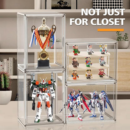 EDS FAM 4 Pack Clear Shoe Box Organizer,Size 14 Acrylic Display Cases for Book Cosmetic Figures Collectibles Showcase,X-Large Bag Stackable Plastic Storage Bins with Magnetic Lid