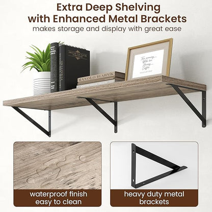 Axeman Deep Floating Shelves - 40 Inch Floating Shelves Set of 2-12 Inch Deep Grey Wood Wall Shelves for Living Room Bathroom Kitchen