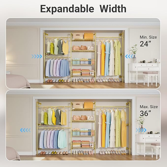 Timate X3 Expandable Heavy Duty Clothes Rack Wall Mounted Clothing Rack for Hanging Clothes, Industrial Pipe Closet System for Walk in Closet Kit, Wall Mount Clothes Rack with Basket, Gold Wall Closet