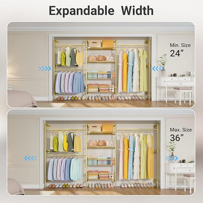 Timate X3 Expandable Heavy Duty Clothes Rack Wall Mounted Clothing Rack for Hanging Clothes, Industrial Pipe Closet System for Walk in Closet Kit, Wall Mount Clothes Rack with Basket, Gold Wall Closet