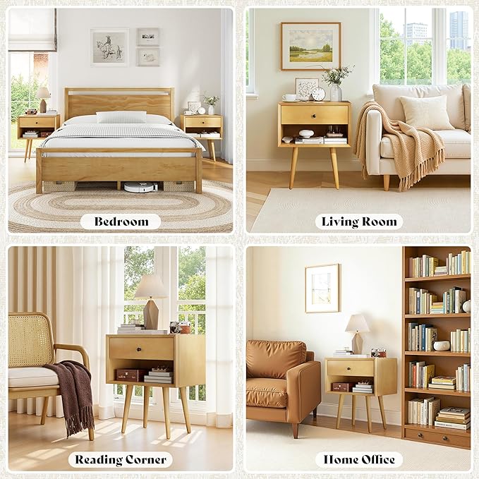 AMERLIFE Solid Wood Nightstand Set of 2, Fully Assembled End Table with Storage Drawer & Open Cubby, Mid-Century Modern Side Table for Bedroom, Natural