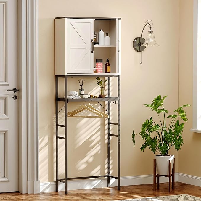 Timboniture Over The Toilet Storage Cabinet, Bathroom Above Toilet Cabinet Organizer with Doors and Adjustable Shelves, Bathroom Shelf Organizer with Anti-Tip Device & Drain Rack, White