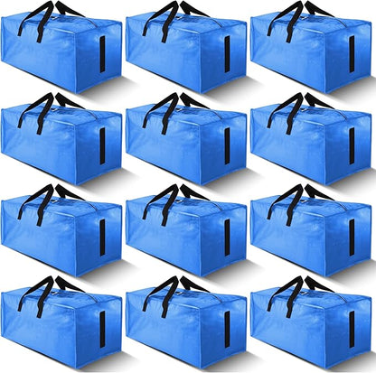 12 Pack Large Strong Moving Bags with Zippers & Carrying Handles - Water-Resistant - Heavy Duty Storage Tote for Space Saving, Fold Flat, Alternative to Moving Box (Sky Blue)
