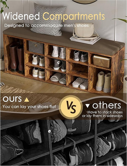 DINZI LVJ Shoe Storage Bench with Cushion, 13-Cubby Shoe Rack, Adjustable Shelves, Multifunctional Shoe Organizer Bench for Entryway, Mudroom, Hallway, Living Room, Bedroom and Garage, Rustic Brown