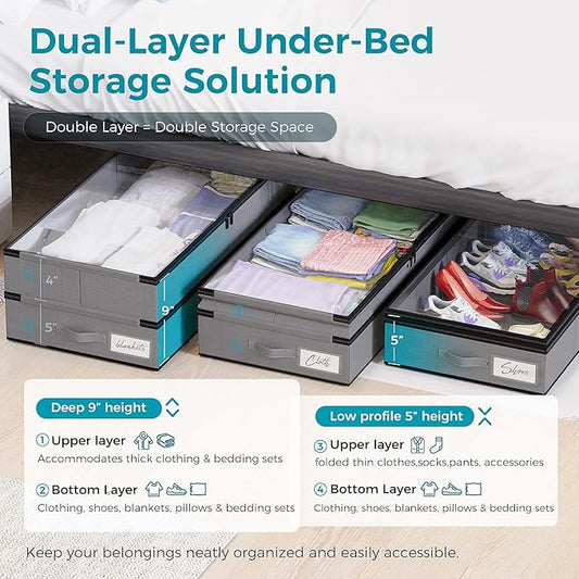 【4 compartments】2 Pack Under Bed Storage, Double Layer Extensible Underbed Storage Containers,Dust-free Clothes Storage Bins with Sturdy Sidewalls/Bottom,PVC Clear Window for Shoes Storage Organizer