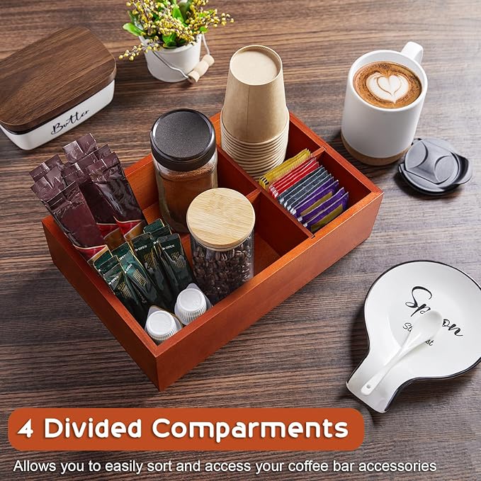 ALELION Coffee Station Organizer with Removable Dividers - Wood Coffee Bar Accessories Organizer for Countertop - Pod Holder Basket for K Cup Sugar Tea