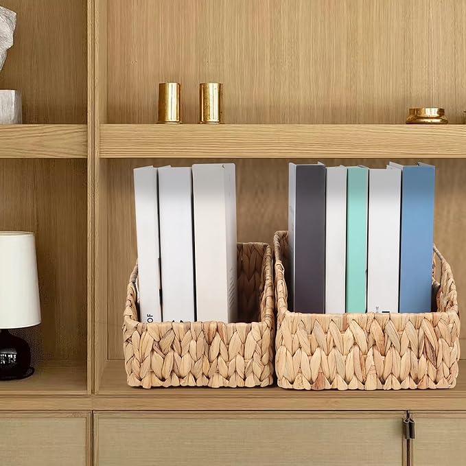 FEILANDUO Pantry Organizers Wicker Baskets for Organizing with Handles Handwoven Wicker Storage Bins Baskets for Shelves Boho Home Decor (Natural(Water Hyacinth), Set of 2