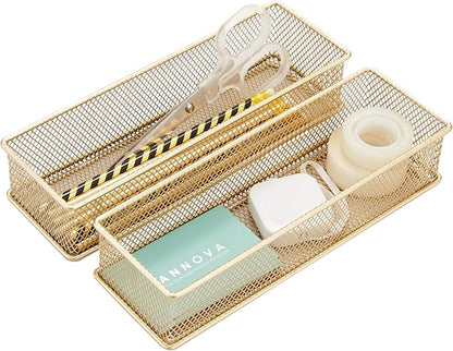 Annova Mesh Stackable Drawer Cabinet and Shelf Organizer Bins Storage Basket School Office Supply Holder Tray- Set of 2 (Gold, 3x9x2 Inch)