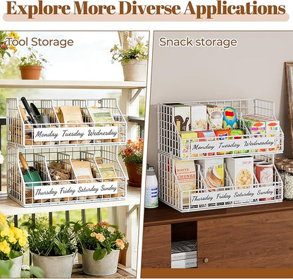 Egg Basket for Countertop, Egg Holder Countertop with 5 Dividers & Labels, 2 Tier Stackable Wire Storage Baskets to Keep Fresh Eggs Organized, Egg Organizer for Kitchen & Decorative Rack Home, White