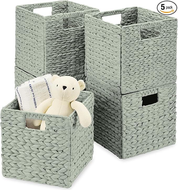 Best Choice Products 10.5x10.5in Pack of 5 Cube Storage Baskets, Water Hyacinth Multipurpose Collapsible Organizers, Handwoven Toy Storage Totes for Kids Room, Nursery & Living Room - Sage