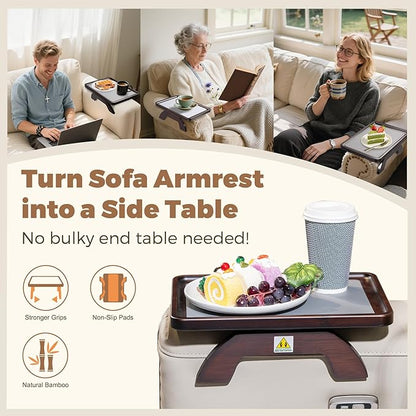 Couch Armrest Table, Foldable Bamboo Sofa Arm Tray for Couch with a Non-Slip Pad, Clip On Couch Arm Table for Remotes/Eatting/Drinks, Fits Sofa Armrest 3.5"-13.5" Brown