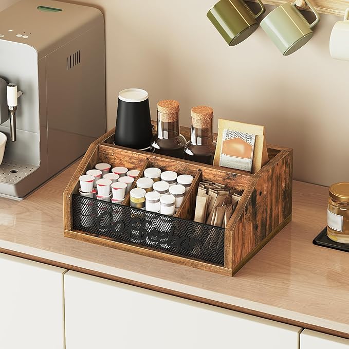 Coffee Pod Organizer, Wooden Coffee Bar Organizer for Countertop, Versatile Pod Holder with Dividers, Holds Syrup, Cups, Tea Bags, Easy Assembly, Rustic Brown KH11BR