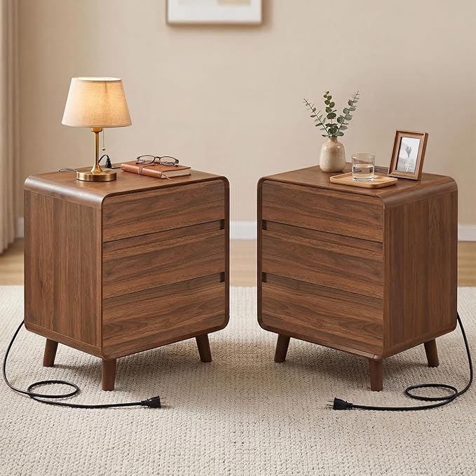 Nasonet Tall Nightstands Set of 2, Mid Century Modern Nightstands with 3 Storage Drawers, Curved Wood Night Stands for Bedrooms Set of 2, Walnut