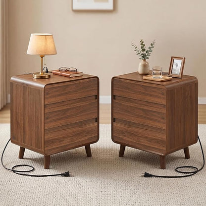 Nasonet Tall Nightstands Set of 2, Mid Century Modern Nightstands with 3 Storage Drawers, Curved Wood Night Stands for Bedrooms Set of 2, Walnut