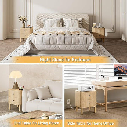 FavourLife Night Stand Set of 2 with Charging Station, 18" Fluted Nightstand with Rounded Corners & Solid Wood Legs, 2 Drawers End Table, Mid Century Modern Bedside Table for Bedroom, Natural Oak