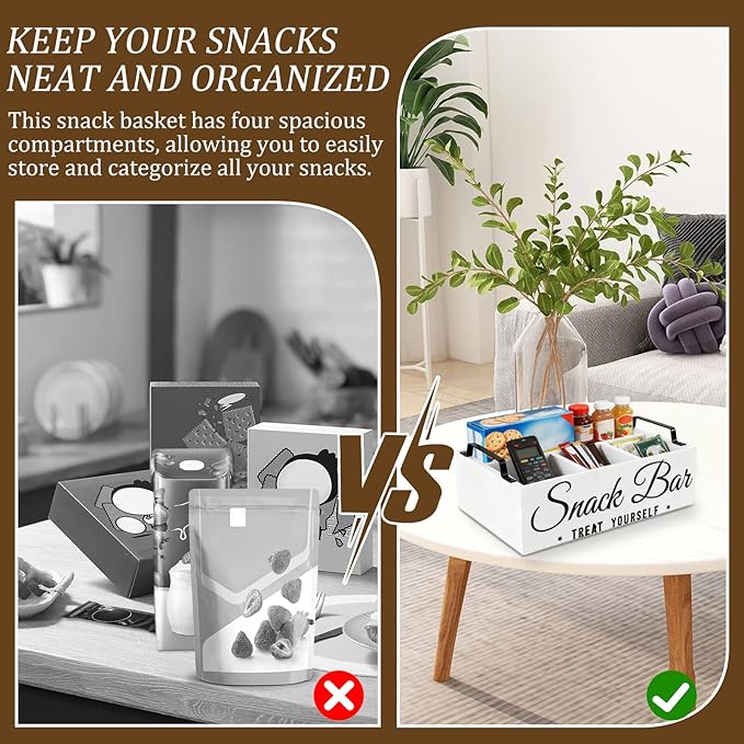 Snack Organizer for Countertop, Wood Pantry Storage Bins with Handles, Snack Bar Organizer for Pantry Shelf, 4 Compartment Food Container Box, Kitchen Storage Organizer for Nut,Chips,Beverage (White)