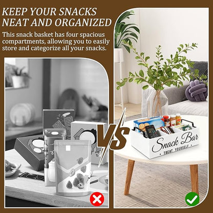 Snack Organizer for Countertop, Wood Pantry Storage Bins with Handles, Snack Bar Organizer for Pantry Shelf, 4 Compartment Food Container Box, Kitchen Storage Organizer for Nut,Chips,Beverage (White)