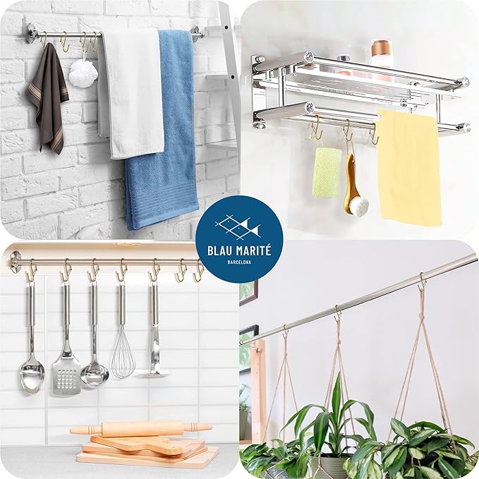 Blau Marité 10-Pack Metal S Hooks for Hanging – Heavy-Duty S-Shaped Hook with Safety Buckle – Fits Bars up to 0.8 In – Anti-Drop S-Hooks for Kitchen, Bathroom, Closet & Pot Racks – Gold (Medium)