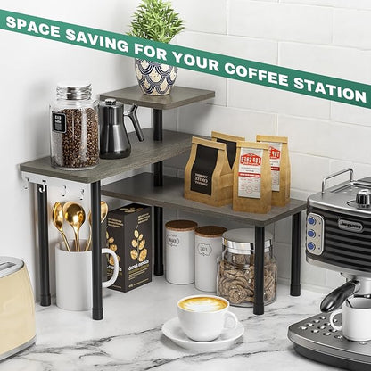 ZHWS Kitchen Countertop Organizer, Bathroom Counter Organizer, Adjustable 3 Tier Corner Shelf with 4 Metal Hooks for Counter Organize, Spice Rack, Makeups, Coffee Station Bookshelf (Rustic Grey)