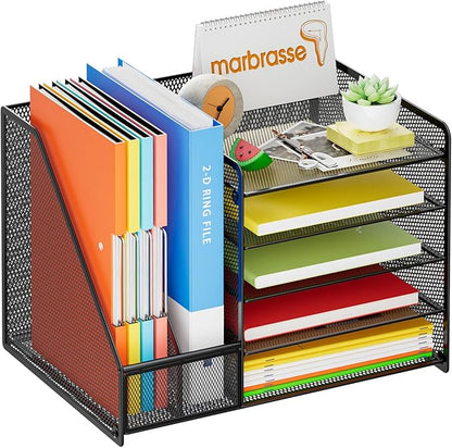 Marbrasse Desk Organizer with File Holder, 5-Tier Paper Letter Tray Organizer, Mesh Desk Organizers and Accessories with Magazine Holder, Desktop Storage for Office Supplies (Black)