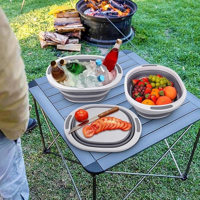 Collapsible Wash Basin, 7.5L Dish Tub Sink Basin Folding Dish Pans for Kitchen Sink, 2-in-1 Dishpan + Cutting Board, Portable Sink Dish Basin for Camping BBQ Prep Tub Washing Bin Bucket for Cleaning
