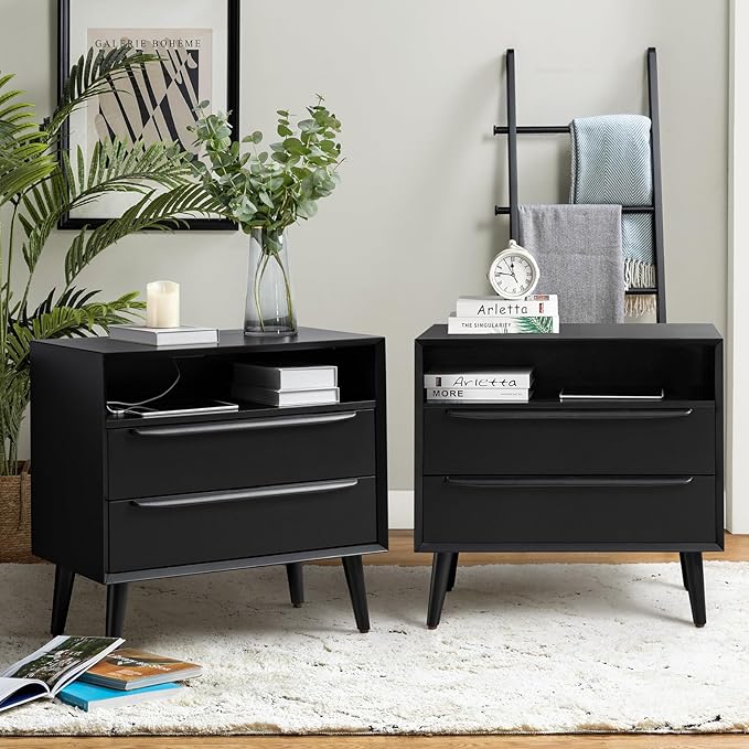 HULALA HOME End Table with Charging Station, Mid-Century Modern 2 Drawer and Open Shelf, Fluted End Table（Black, Set of 2）