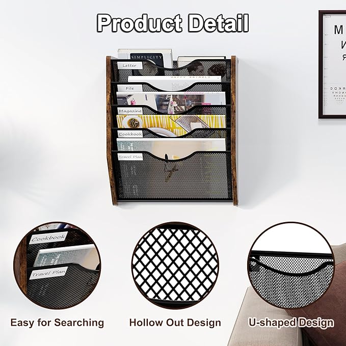 Wall File Organizer,5 Tier Mesh Mail Organizer Wall Mounted,Hanging File Holder,Magazine Rack for Documents,Magazine,Literature,File,Mails,Envelopes