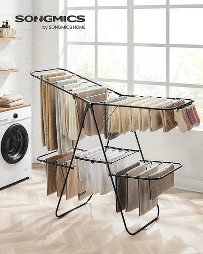 SONGMICS Clothes Drying Rack, Foldable 2-Level Laundry Drying Rack, Free-Standing Laundry Airer, with Height-Adjustable Wings, 33 Drying Rails, Sock Clips, Black ULLR053B01V1