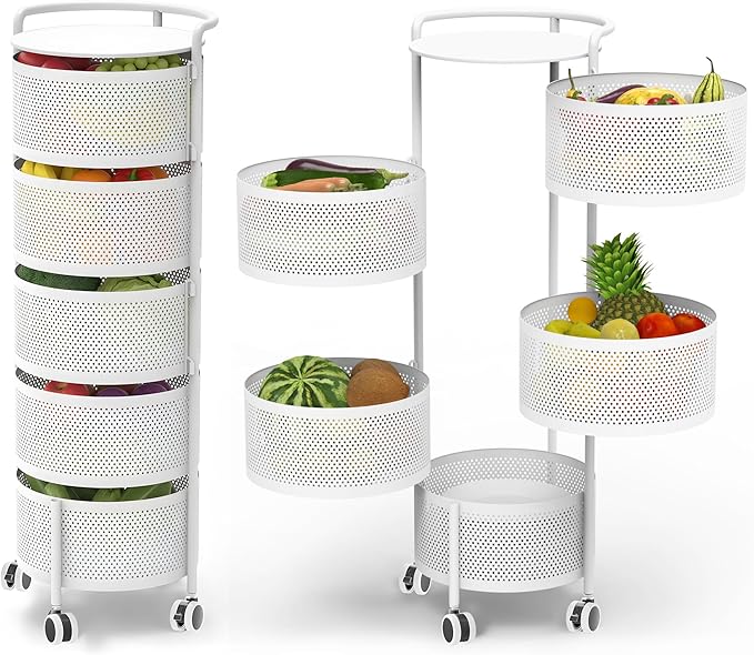 JAQ Rotating Fruit Basket, 5-Tier Metal Sturdy Kitchen Storage Rack Carts No Assembly on Rolling Wheels for Fruit Vegetable Grocery Corns Potato Onion in Bathroom(White, 5-Tier)