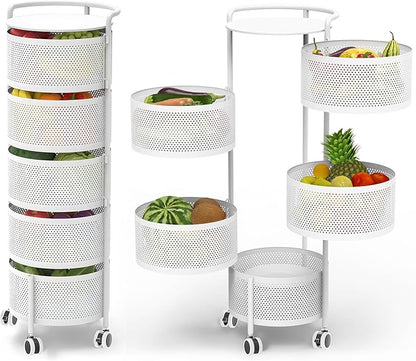 JAQ Rotating Fruit Basket, 5-Tier Metal Sturdy Kitchen Storage Rack Carts No Assembly on Rolling Wheels for Fruit Vegetable Grocery Corns Potato Onion in Bathroom(White, 5-Tier)