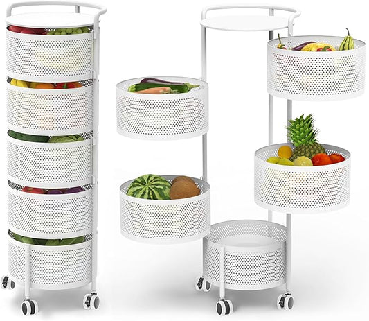 JAQ Rotating Fruit Basket, 5-Tier Metal Sturdy Kitchen Storage Rack Carts No Assembly on Rolling Wheels for Fruit Vegetable Grocery Corns Potato Onion in Bathroom(White, 5-Tier)