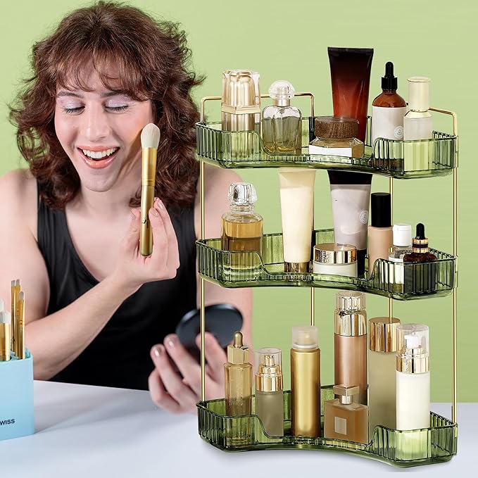 Weidace Corner Bathroom Counter Organizer Bathroom Countertop Shelf Makeup Organizer for Vanity Perfume Tray for Corner Storage (3 Tiers, Green)