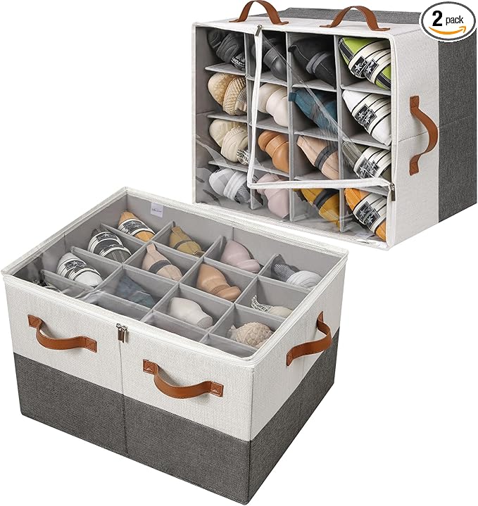 TOPIA HOME Shoe Organizer for Closet 2 Pack, Foldable Shoe Box with Adjustable Dividers and Clear Cover, Space Saving Shoe Storage Organizer Cabinet with Reinforced Handles, Fits 32 Pairs TP12WG