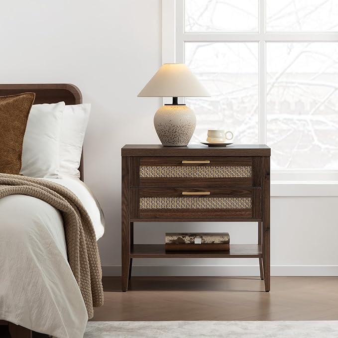 SICOTAS Large Night Stand, Nightstand with 2 Drawers and Storage Shelf, Rustic Wooden Bedside Table for Bedroom, Mid Century Modern Bed Side End Table (Espresso Walnut, 1 Piece)
