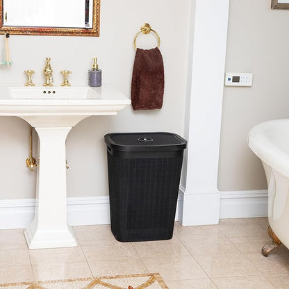 Mind Reader 60L Slim Laundry Hamper, Clothes Basket, Lid, Linen Design, Plastic, Black