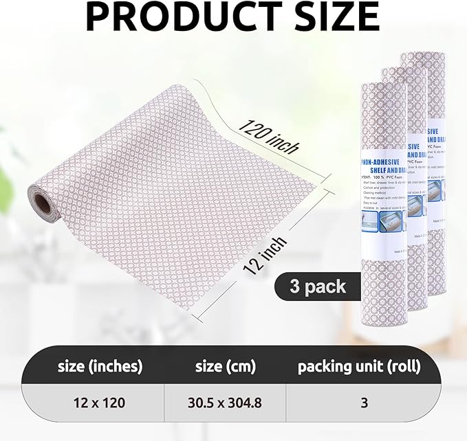 RAY STAR 12X120 Inch Shelf Liner for Kitchen Cabinets, Non-Adhesive Cabinet Liner Washable, PVC Drawer Liner for Dresser Non-Slip Bathroom (Circle)(3 Roll)