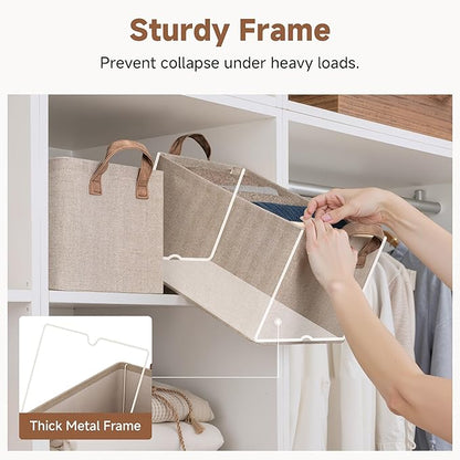 StorageWorks Storage Bins, Fabric Storage Bins for Shelves, Storage Baskets with Metal Frame, Closet Baskets and Bins with Handles, Brown and Beige, 2-Pack