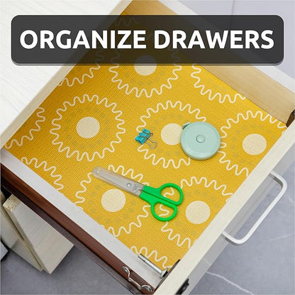 FIFTY FEET 12X120 Inch Shelf Liner for Kitchen Cabinets, PVC Drawer Liner for Dresser Non-Slip Bathroom, Non-Adhesive Cabinet Liner Washable (Yellow Circle)(2 Roll)