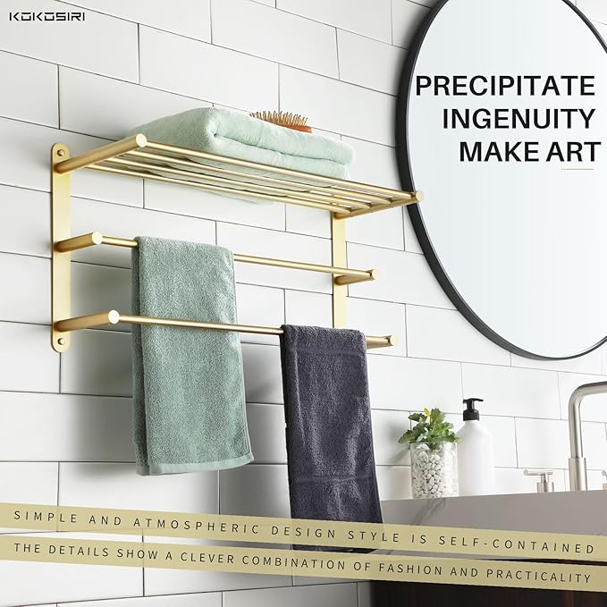 KOKOSIRI 3 Tier Bath Towel Rack 24 Inch Wall Mounted Rack with Towel Bars Towel Shelf with Single Towel Bar Bathroom Ladder Brushed Gold B5003BG