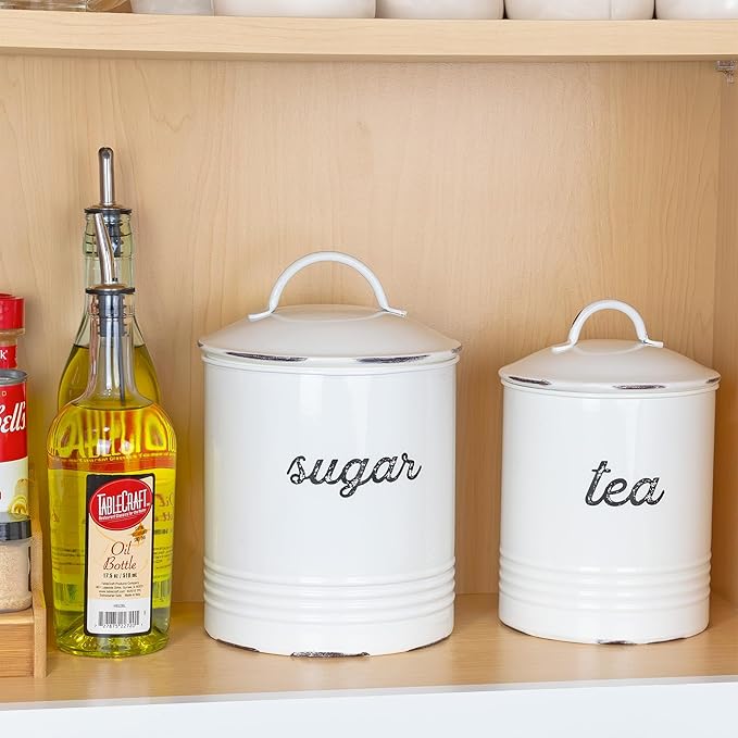 AuldHome Design Enamelware White Sugar Canister; Rustic Distressed Style Staples Storage for Kitchen