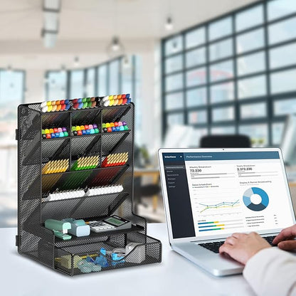 Pen Organizer for Desk, Multi-Functional Desk Organizer, Wall Mount Pen Holder with Drawer for School, Office, Home, Art Supplies, Black